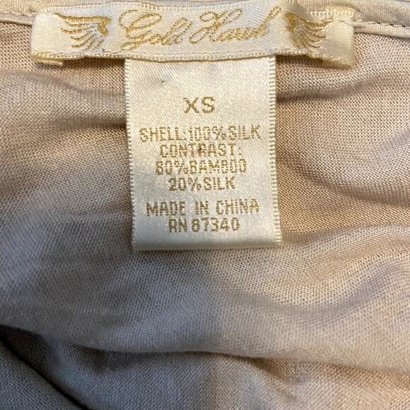 Gold Hawk Blouse 100% SIlk Long Sleeve Waterfall Ruch V-Neck Gold XSmall - Picture 3 of 4